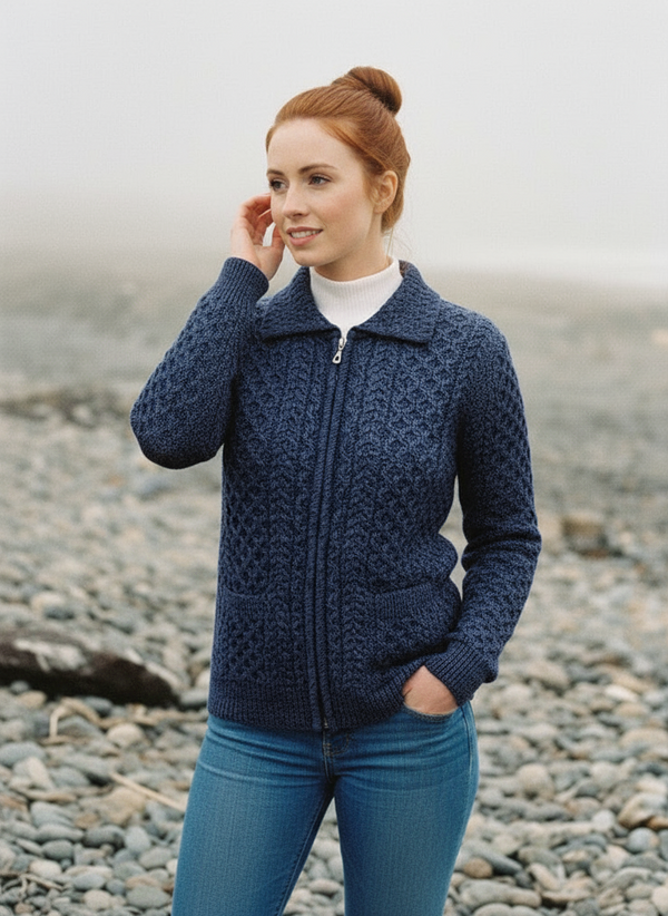 Aran Full Zip Cardigan | Denim Marl