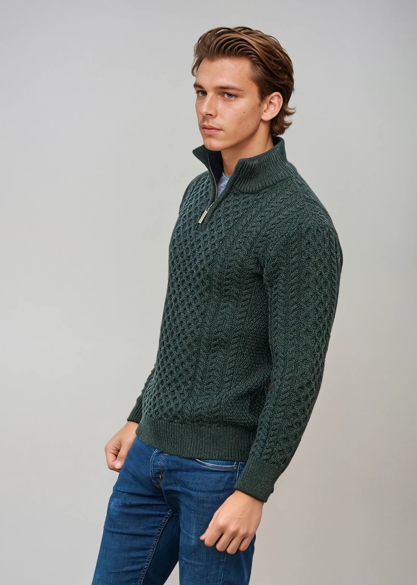 Aran Merino Wool Half Zip Sweater | Green