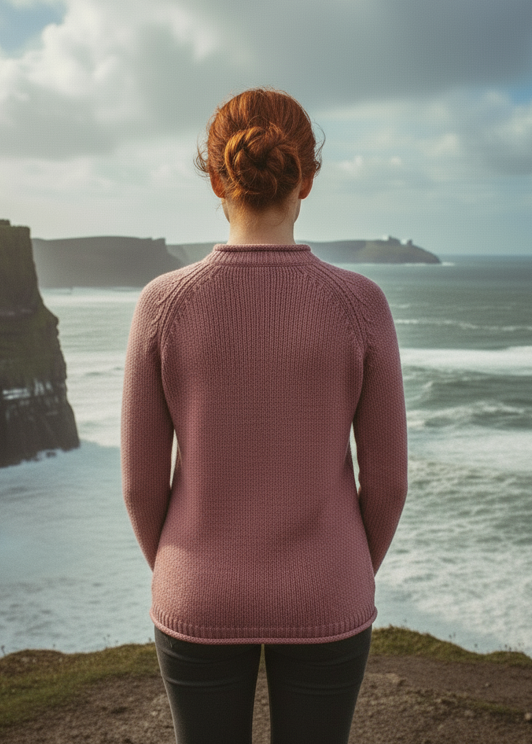 Ladies Roll Neck Fisherman Sweater | Pink