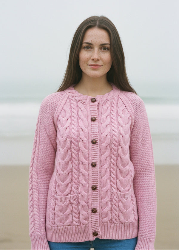 Merino Lumber Aran Cardigan | Pink - Clearance