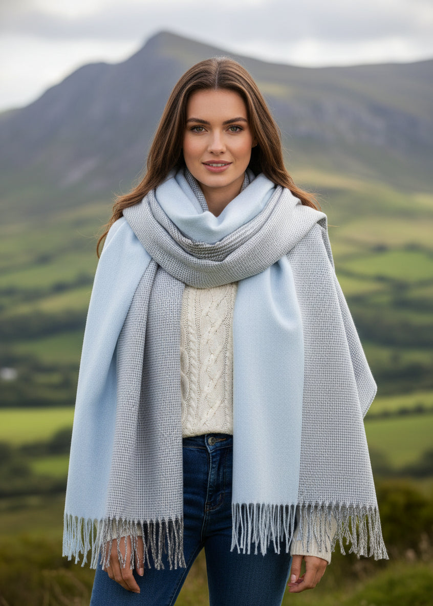 Oversized Merino Scarf | Baby Blue Glencheck