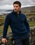Men's Aran Half Zip Sweater - Blackwatch Navy Green | 100% Merino Wool