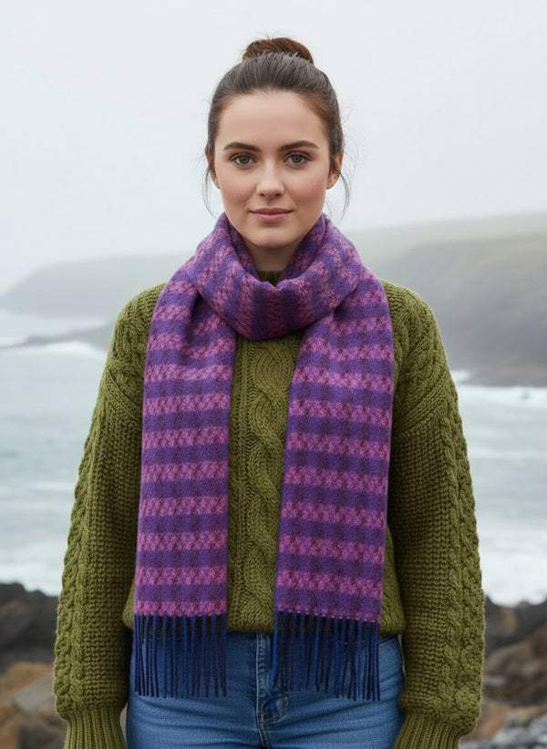 Irish Cashmere Wool Scarf | Blue Salmon Purple Check