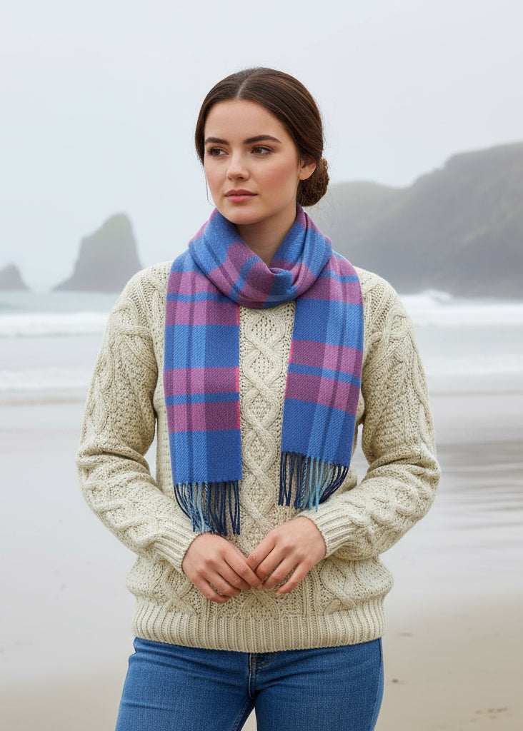 Irish Cashmere Wool Scarf Blue Pink Plaid