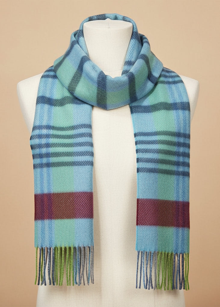 Irish Cashmere Wool Scarf | Grey Blue Burgundy Check