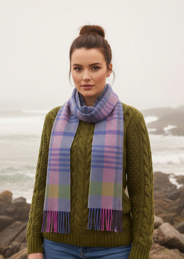 Irish Cashmere Wool Scarf | Blue Pink Green Check