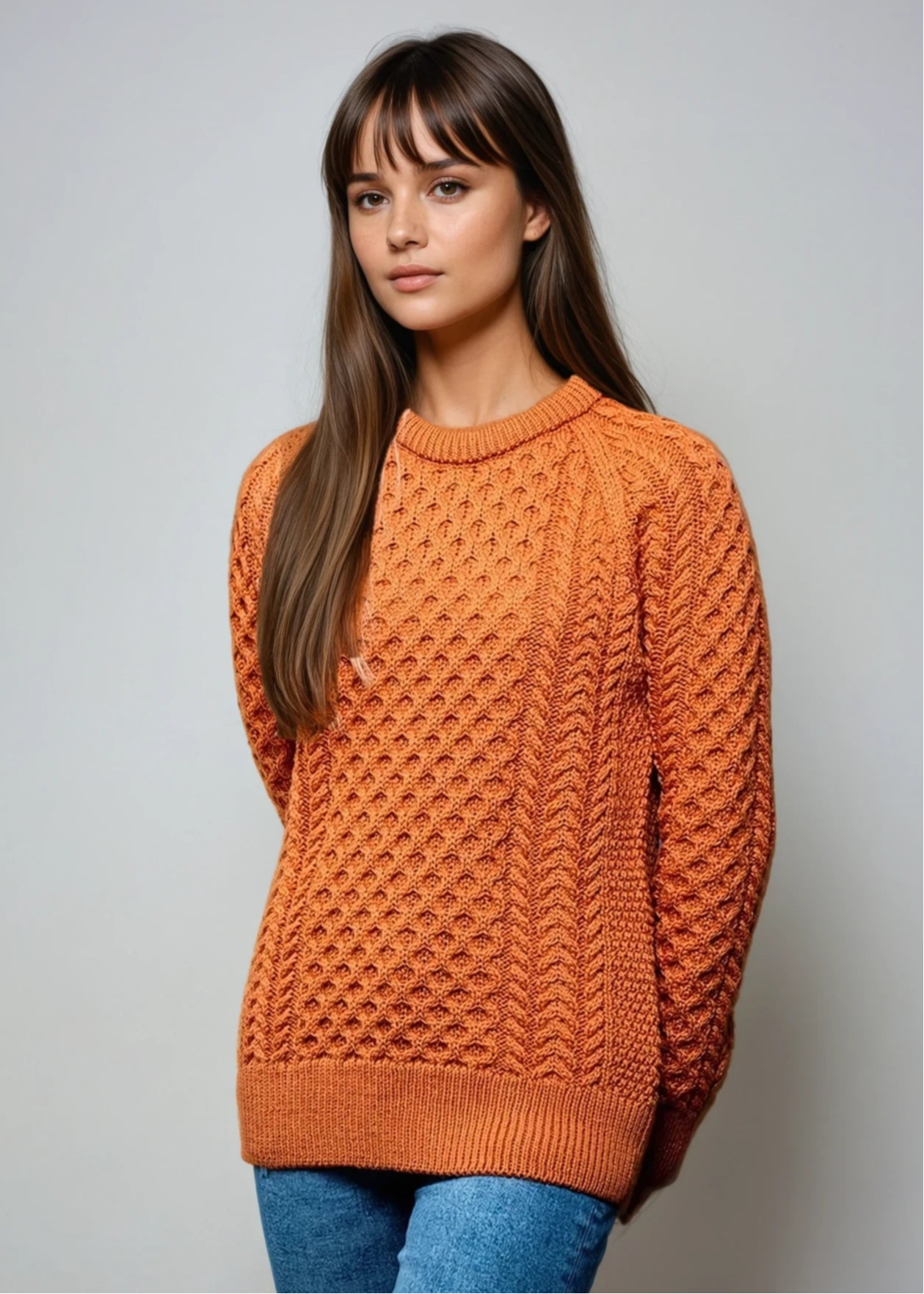 Ladies Slim-Fit Aran Sweater | Terracotta
