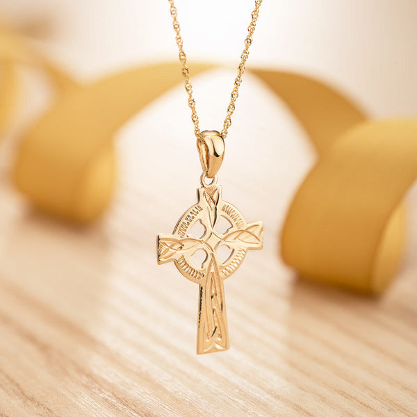 14K Gold Hand Engraved Celtic Cross Pendant