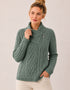 Aran Crafts Women's Tundra Green Shannon Cable Knit Side Zip Merino Wool Jacket | Made in Ireland