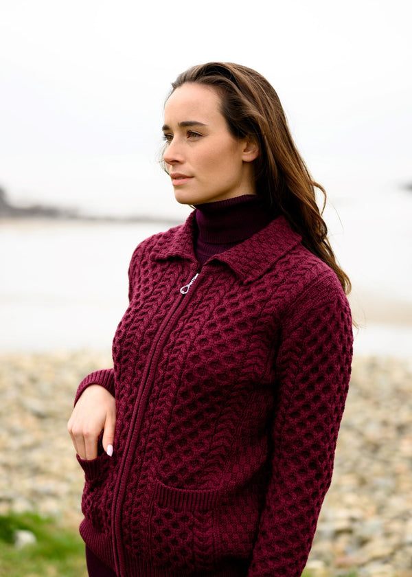 Aran Full Zip Cardigan | Raspberry Marl