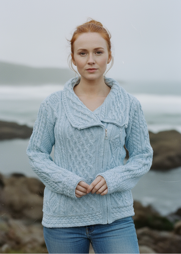 Aran Bikers Claddagh Side Zip Cardigan | Sky Blue