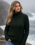 Merino Wool Polo Neck Aran Sweater | Army Green