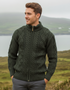 Gilet Aran en laine mérinos pour homme, fermeture éclair intégrale | Vert