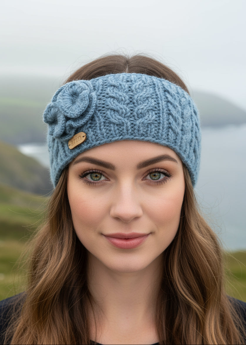 Aran Cable Knitted Wool Flower Headband | Denim