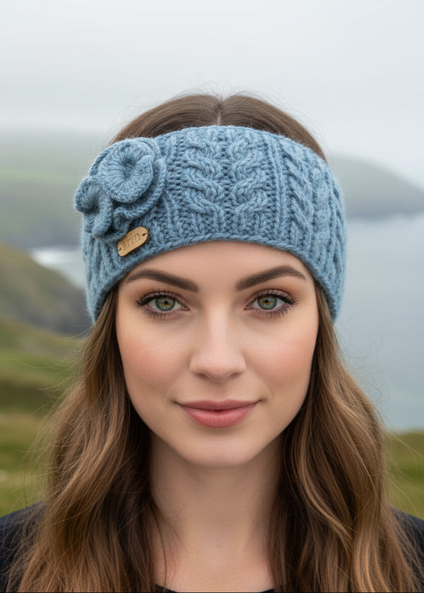 Aran Cable Knitted Wool Flower Headband | Denim