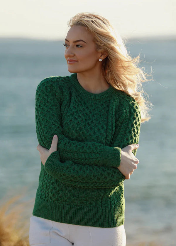 Ladies Slim-Fit Aran Sweater | Green