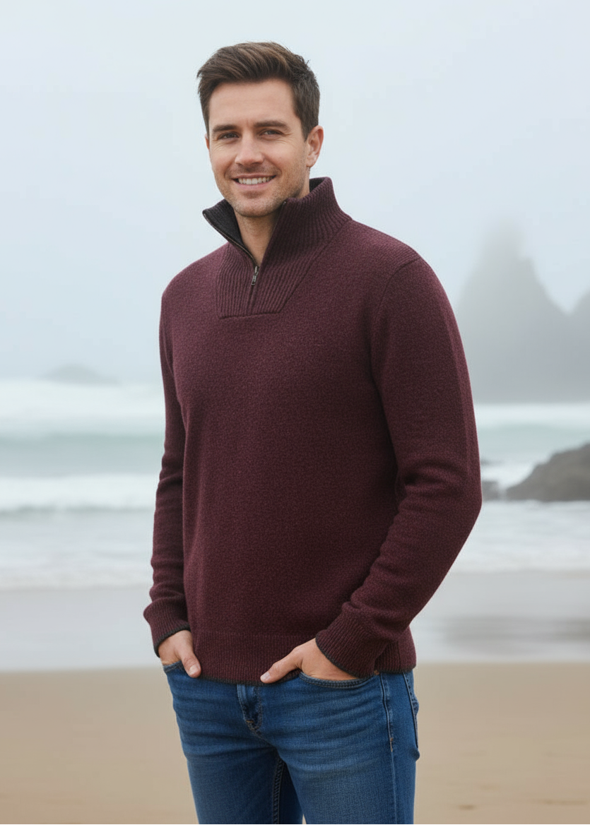 IrelandsEye Men's Lambswool Zip Sweater | Claret