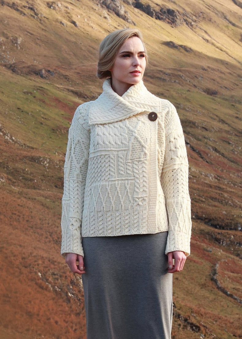 Patchwork Ladies Aran Cardigan | Natural