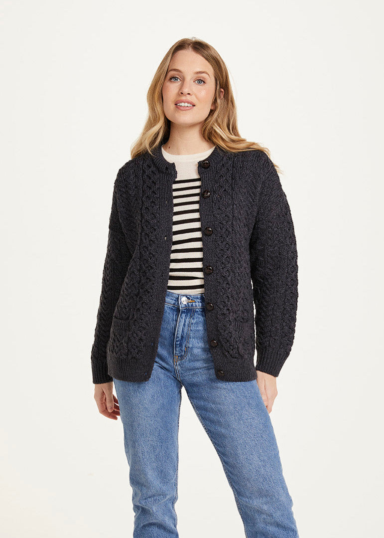 Achill Island Ladies Aran Cardigan | Charcoal