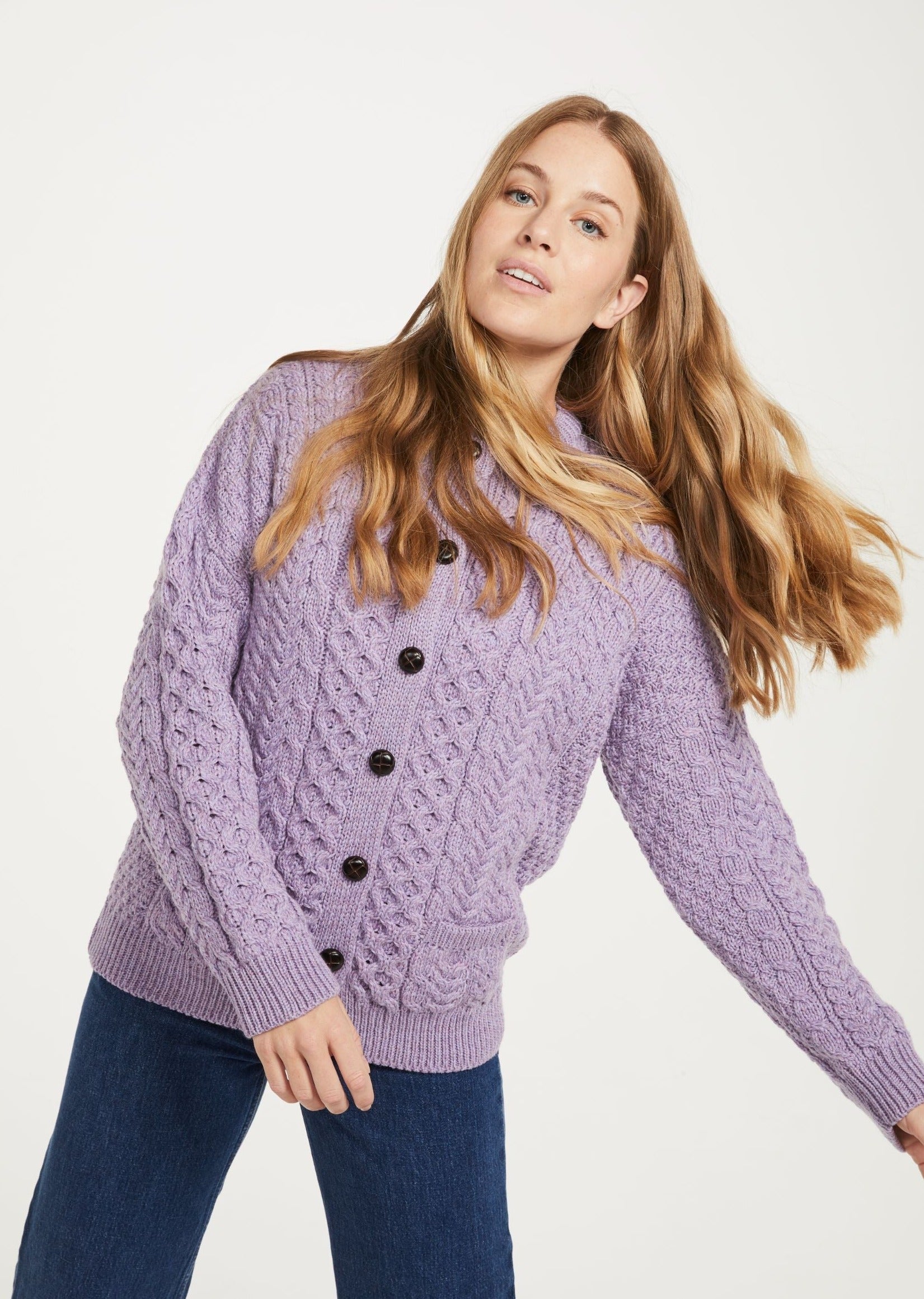 Achill Island Ladies Aran Cardigan - Lavender