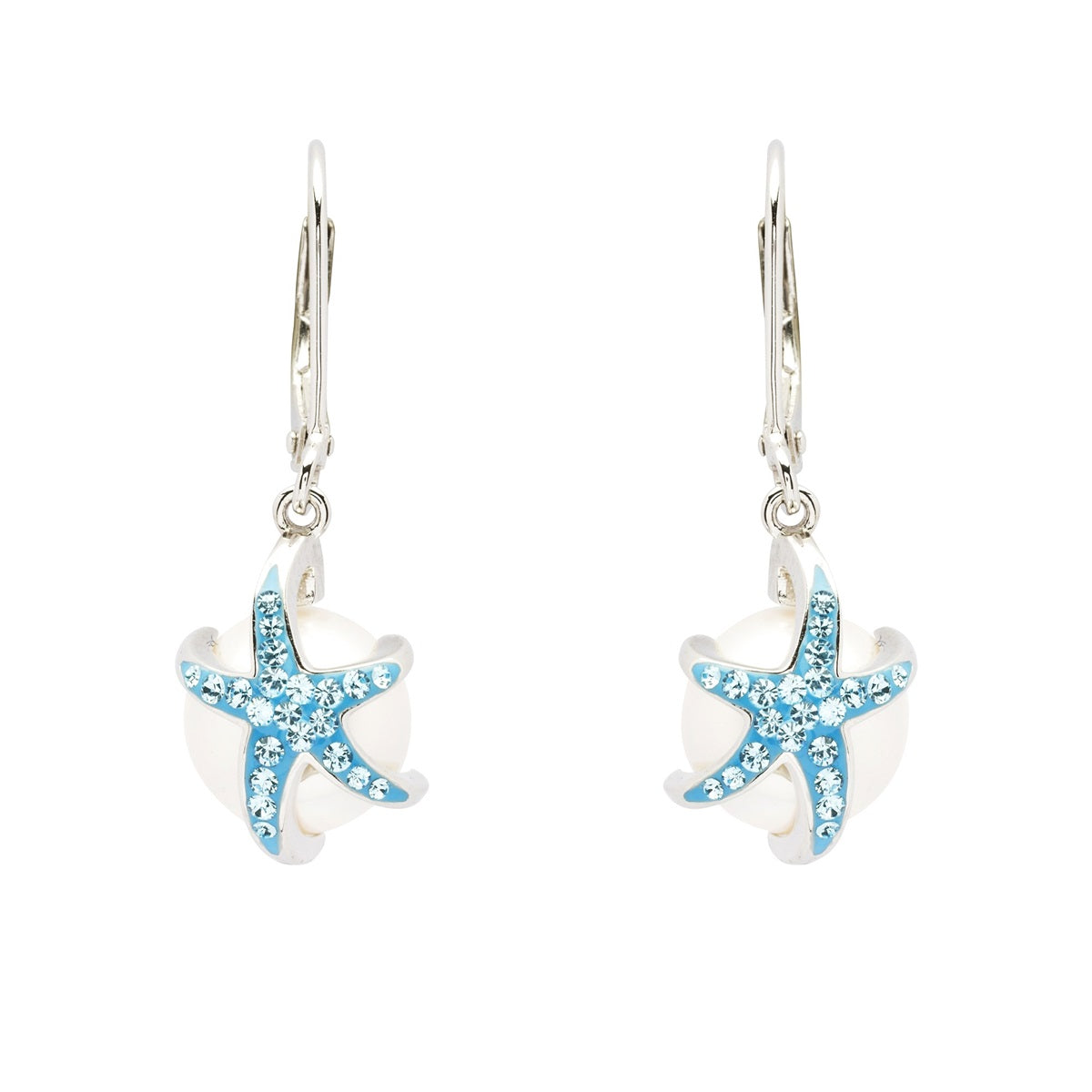 Starfish Drop Pearl Earrings With Aqua Swarovski® Crystals