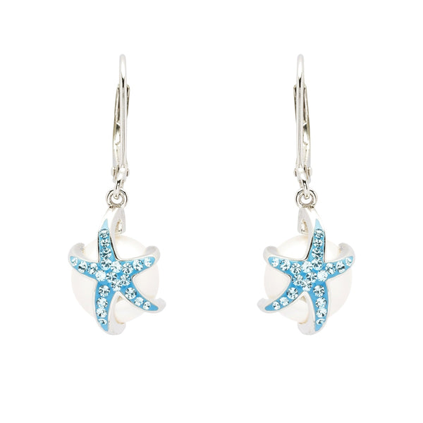 Starfish Drop Pearl Earrings With Aqua Swarovski® Crystals