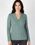 IrelandsEye Women's V Neck Aran Sweater | Ocean Mist