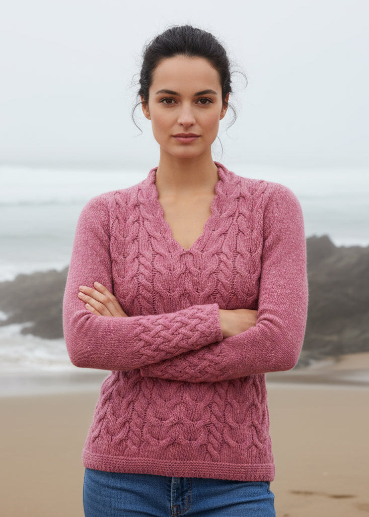 Horseshoe V Neck Aran Sweater | Bubblegum