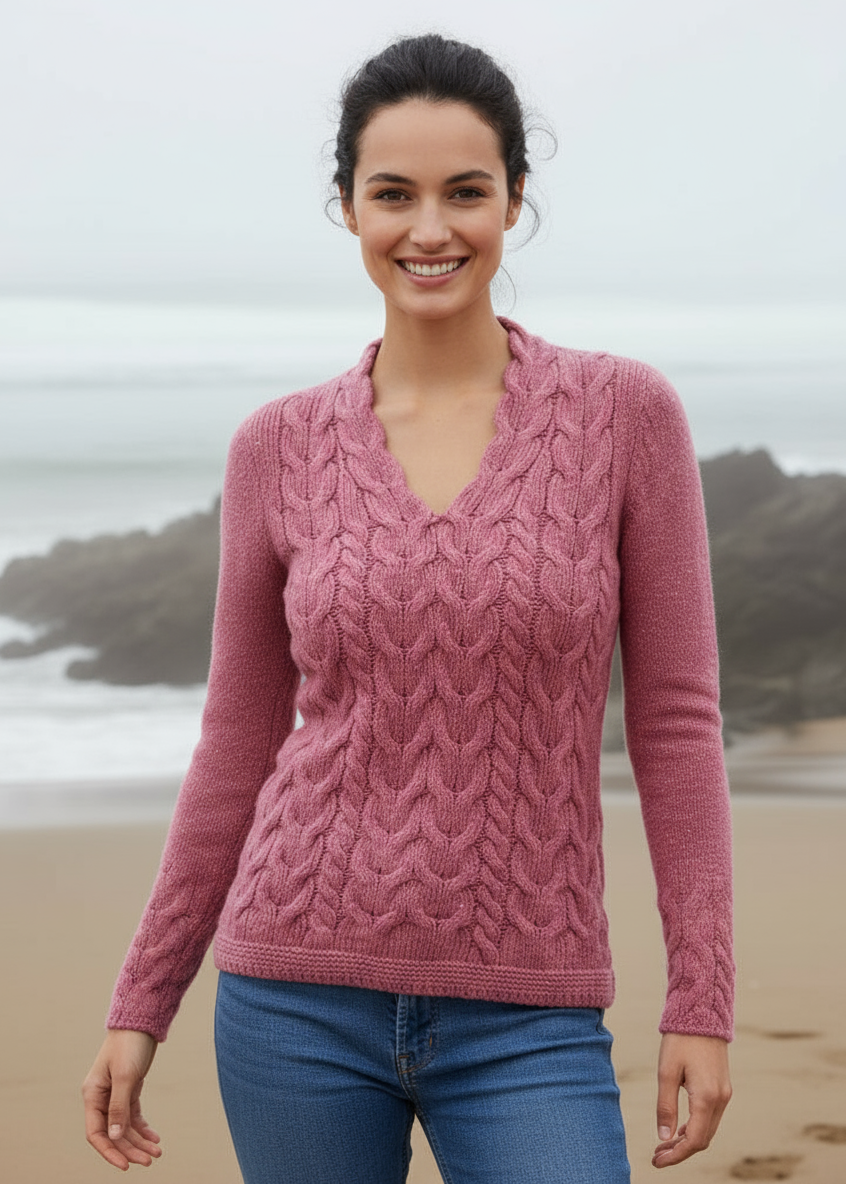 Horseshoe V Neck Aran Sweater | Bubblegum