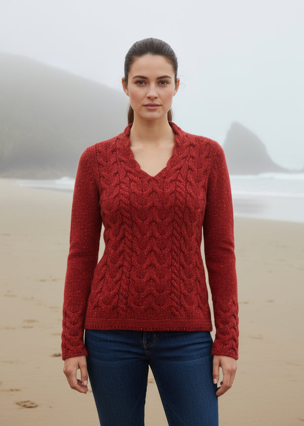 Horseshoe V Neck Aran Sweater | Chilli