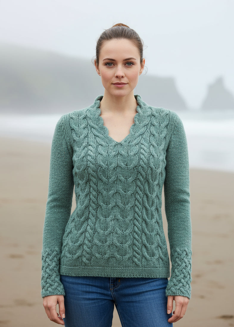 IrelandsEye Women's V Neck Aran Sweater | Ocean Mist