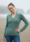 Women's V Neck Aran Sweater | Ocean Mist