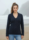Horseshoe V Neck Aran Sweater | Rich Navy
