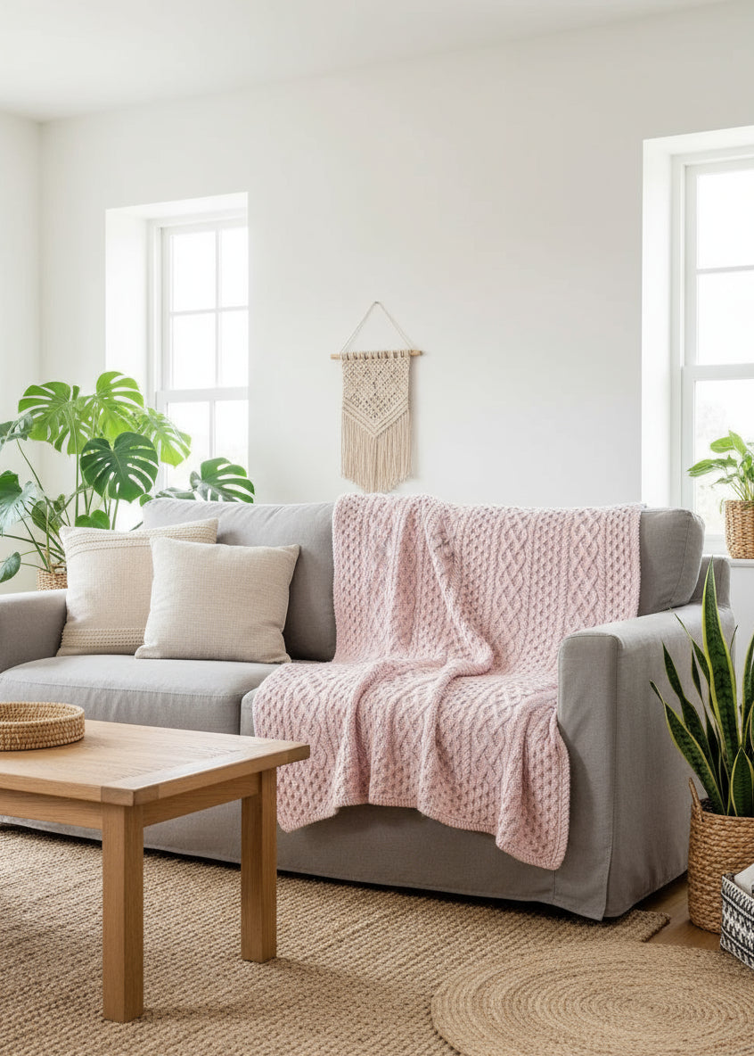 IrelandsEye Cashmere Merino Aran Throw | Pink Mist