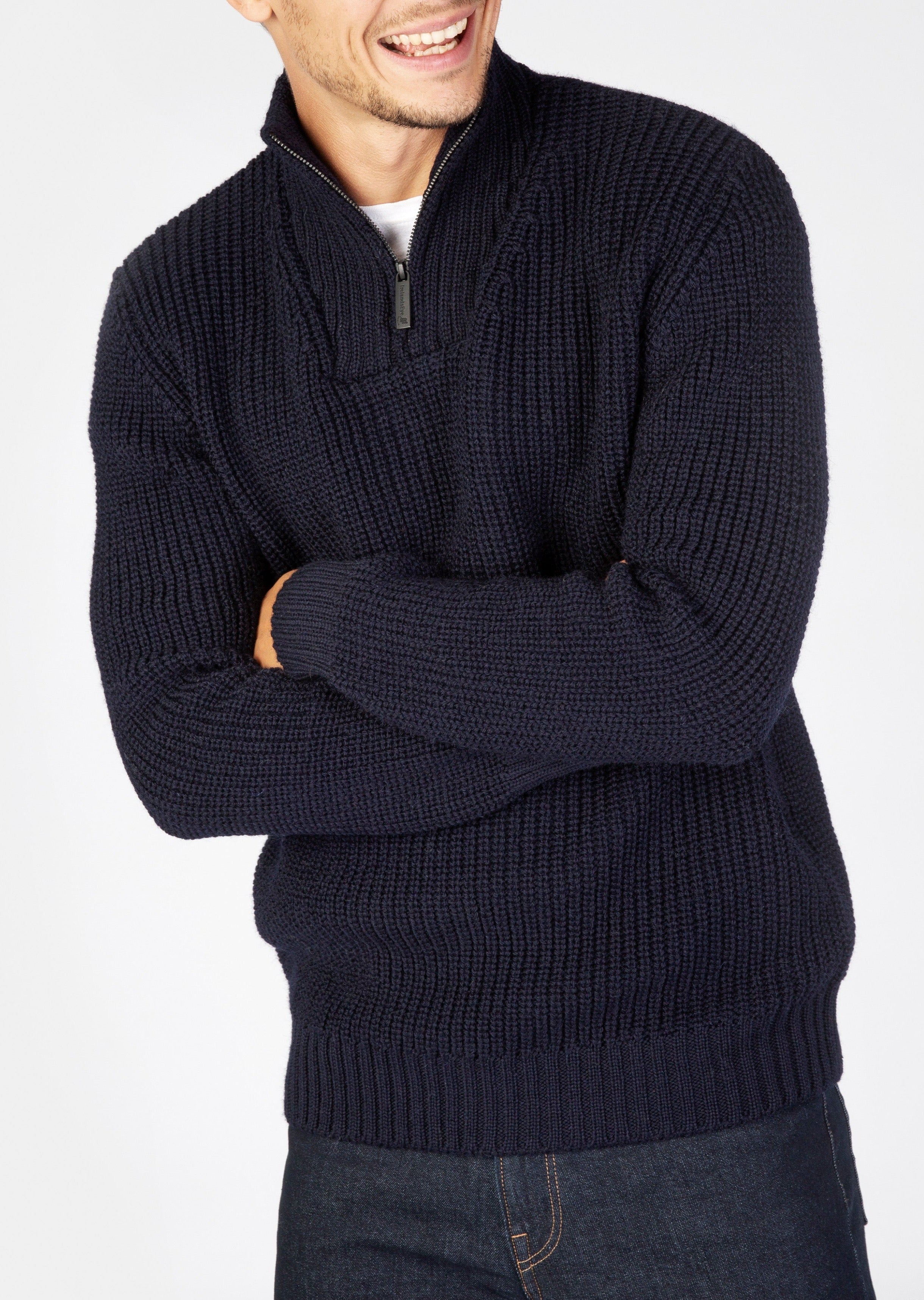 IrelandsEye Men's Ribbed Zip Neck Sweater - Navy