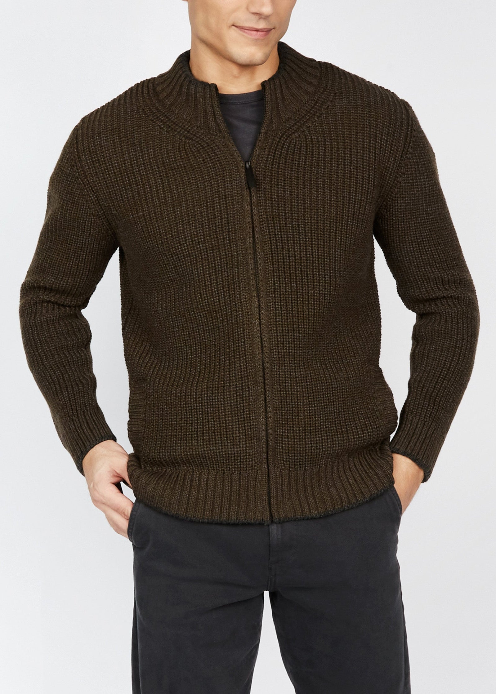 Men's Zipped Ribbed Cardigan | Forest Marl