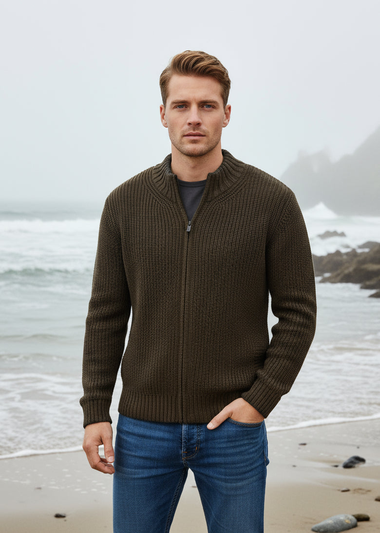 Men's Zipped Ribbed Cardigan | Forest Marl