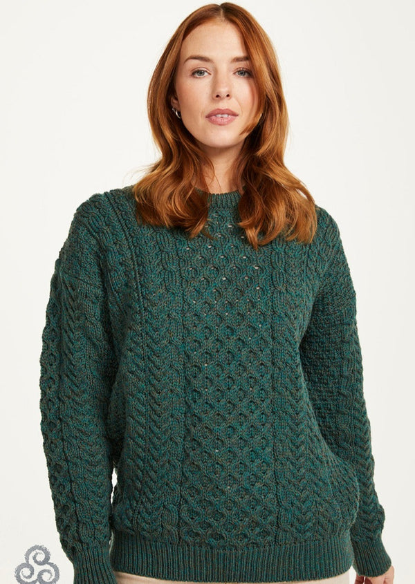 Aran Merino Wool Crew Neck Sweater - Green