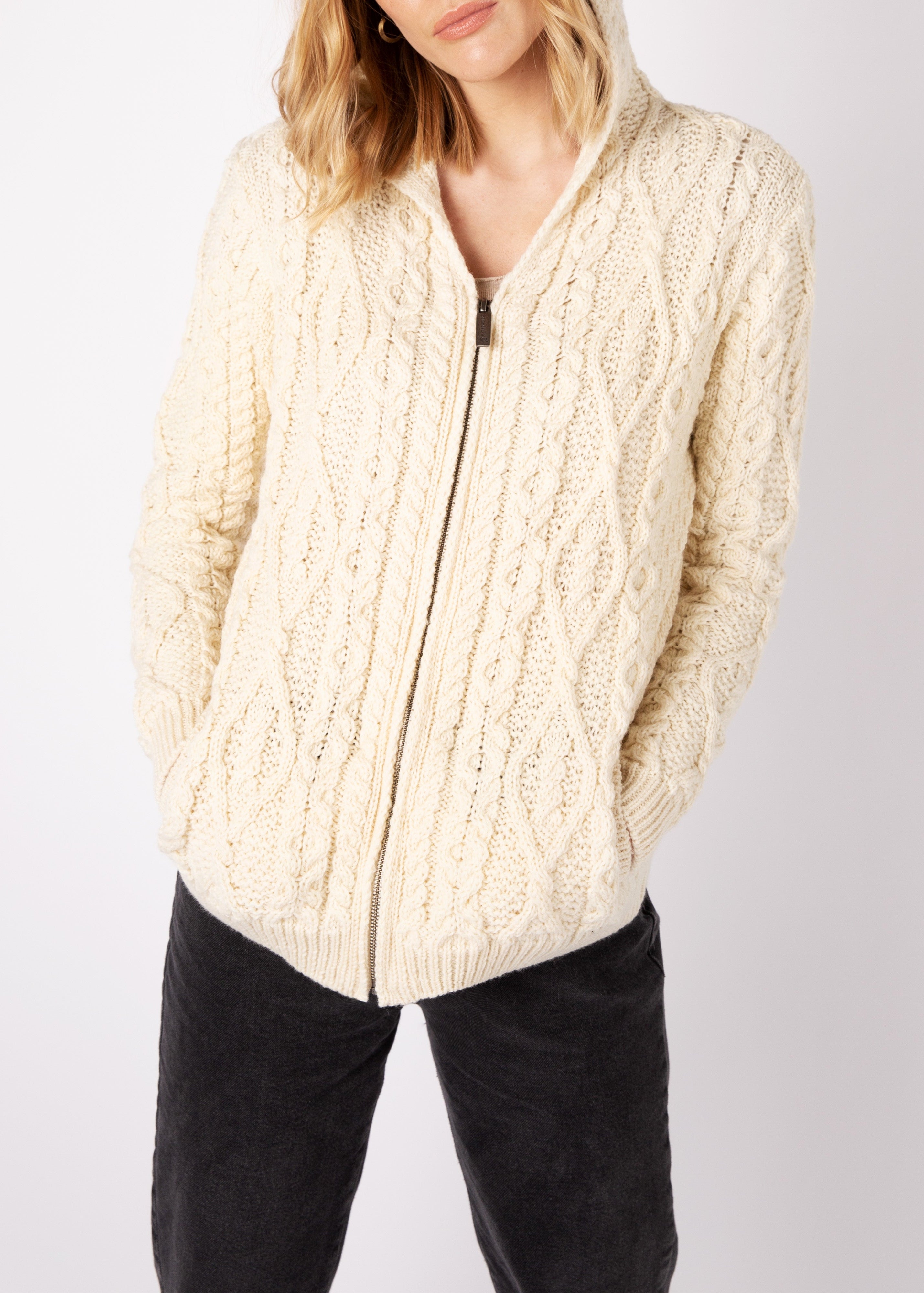 IrelandsEye Women's Aran Hooded Cardigan | Natural