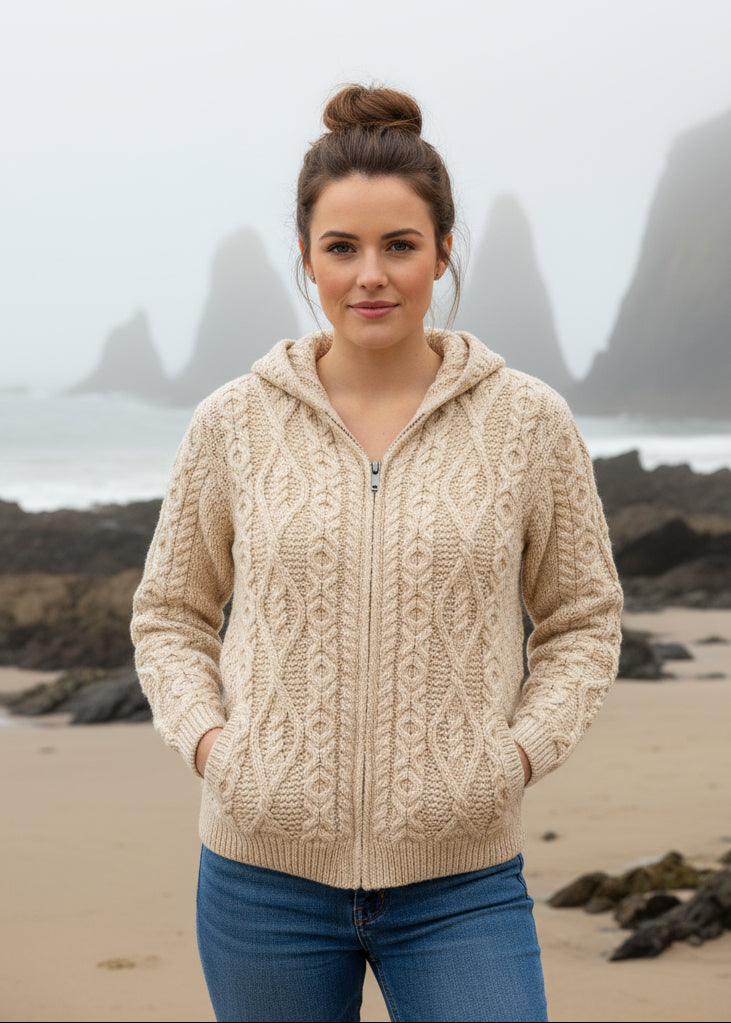 IrelandsEye Women's Aran Hooded Cardigan | Oatmeal