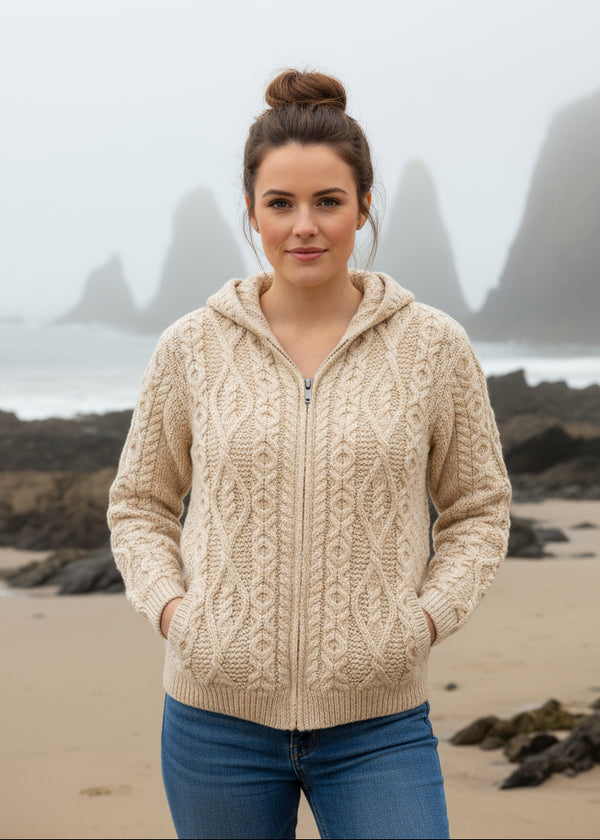 IrelandsEye Women's Aran Hooded Cardigan | Oatmeal