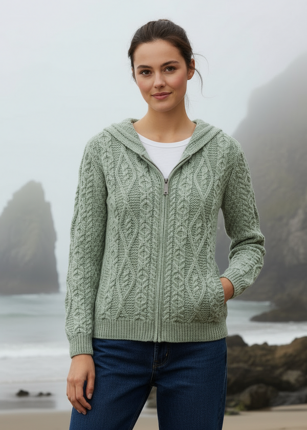 Women's Aran Hooded Cardigan | Sage Marl