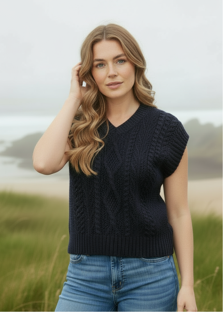 Women's V Neck Aran Vest | Navy