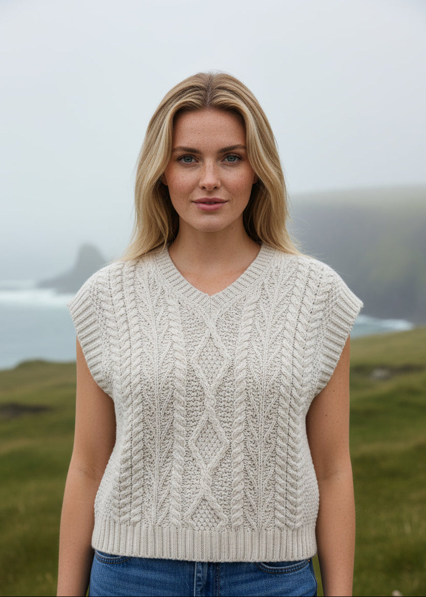 Women's V Neck Aran Vest | Silver Marl