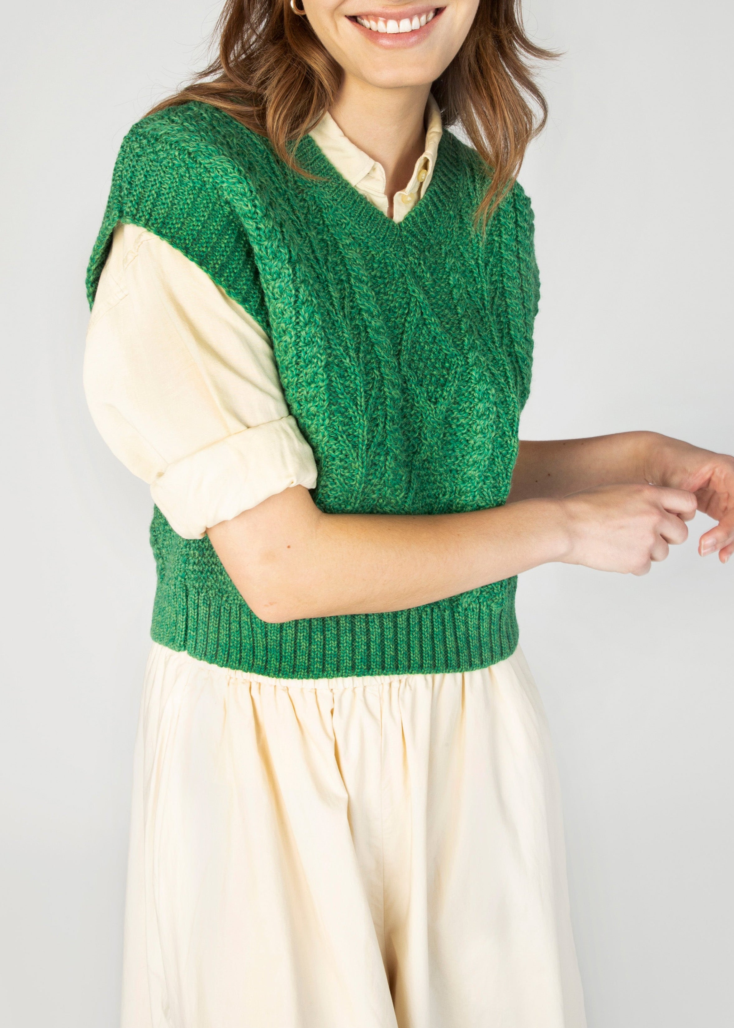 Women's V Neck Aran Vest | Green