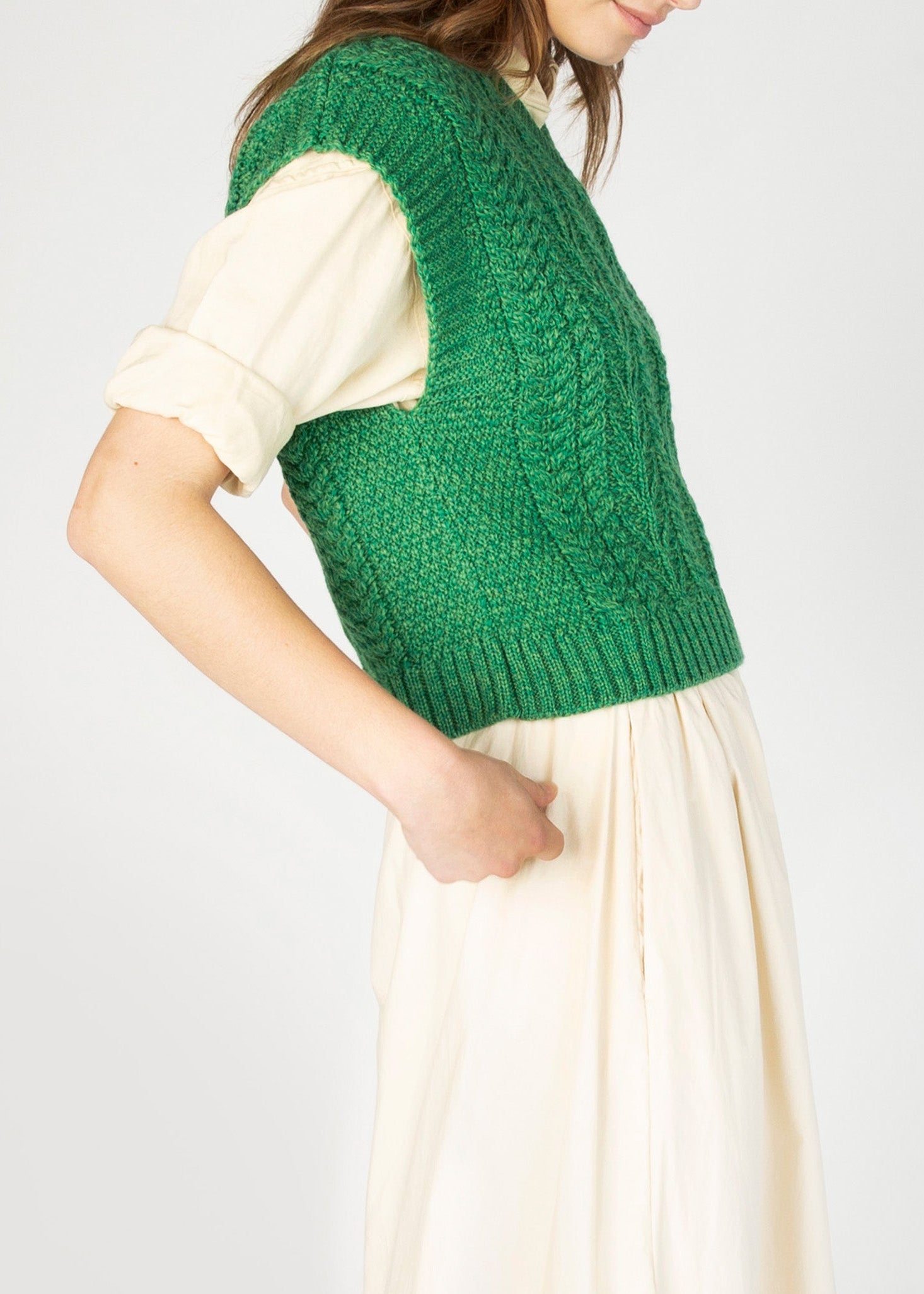 Women's V Neck Aran Vest | Green
