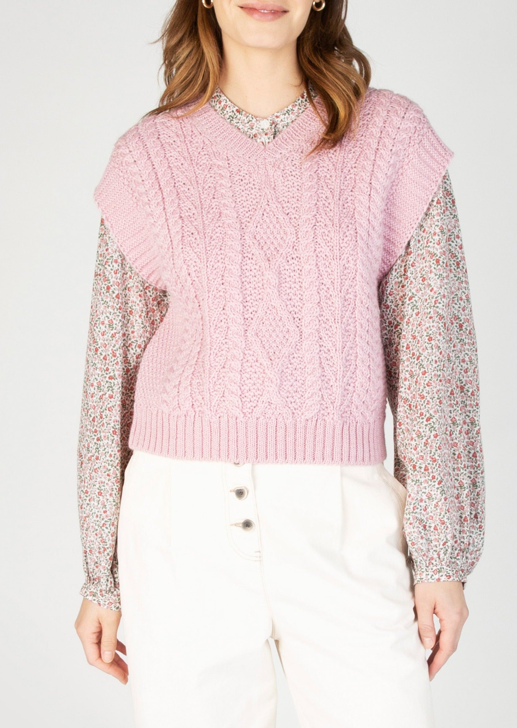 IrelandsEye Women's V Neck Aran Vest | Pink