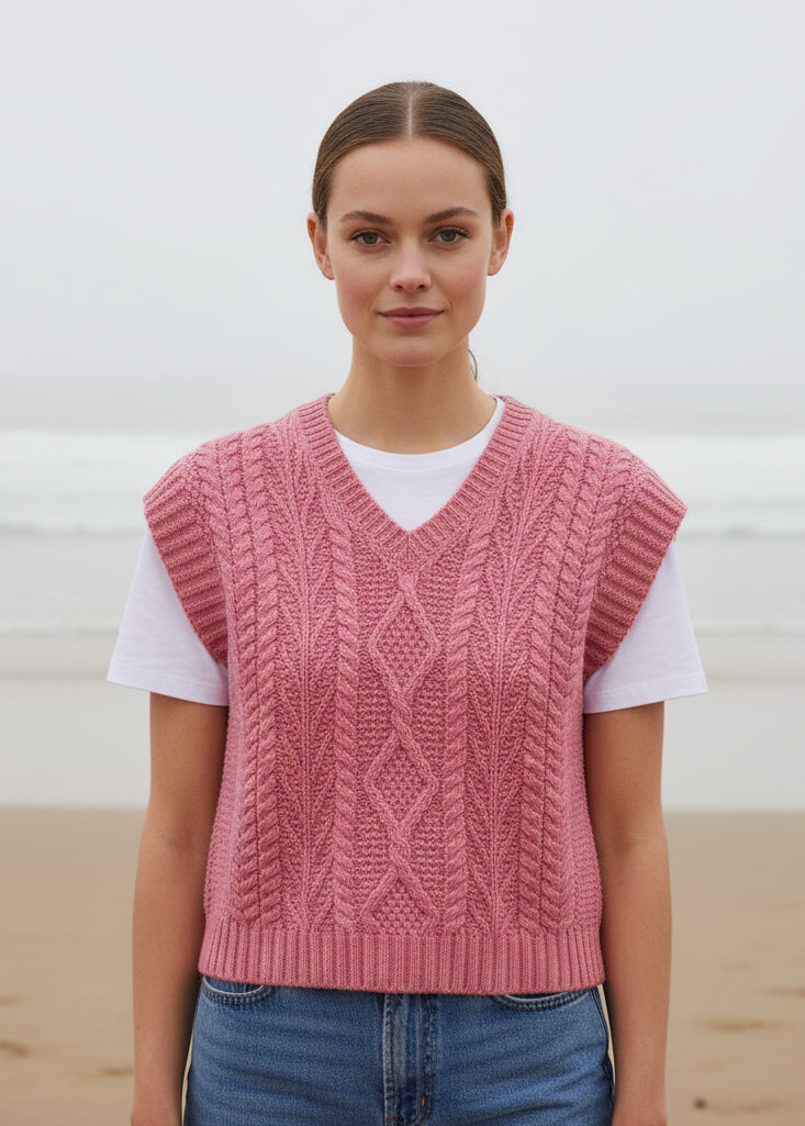 IrelandsEye Women's V Neck Aran Vest | Rosa Pink