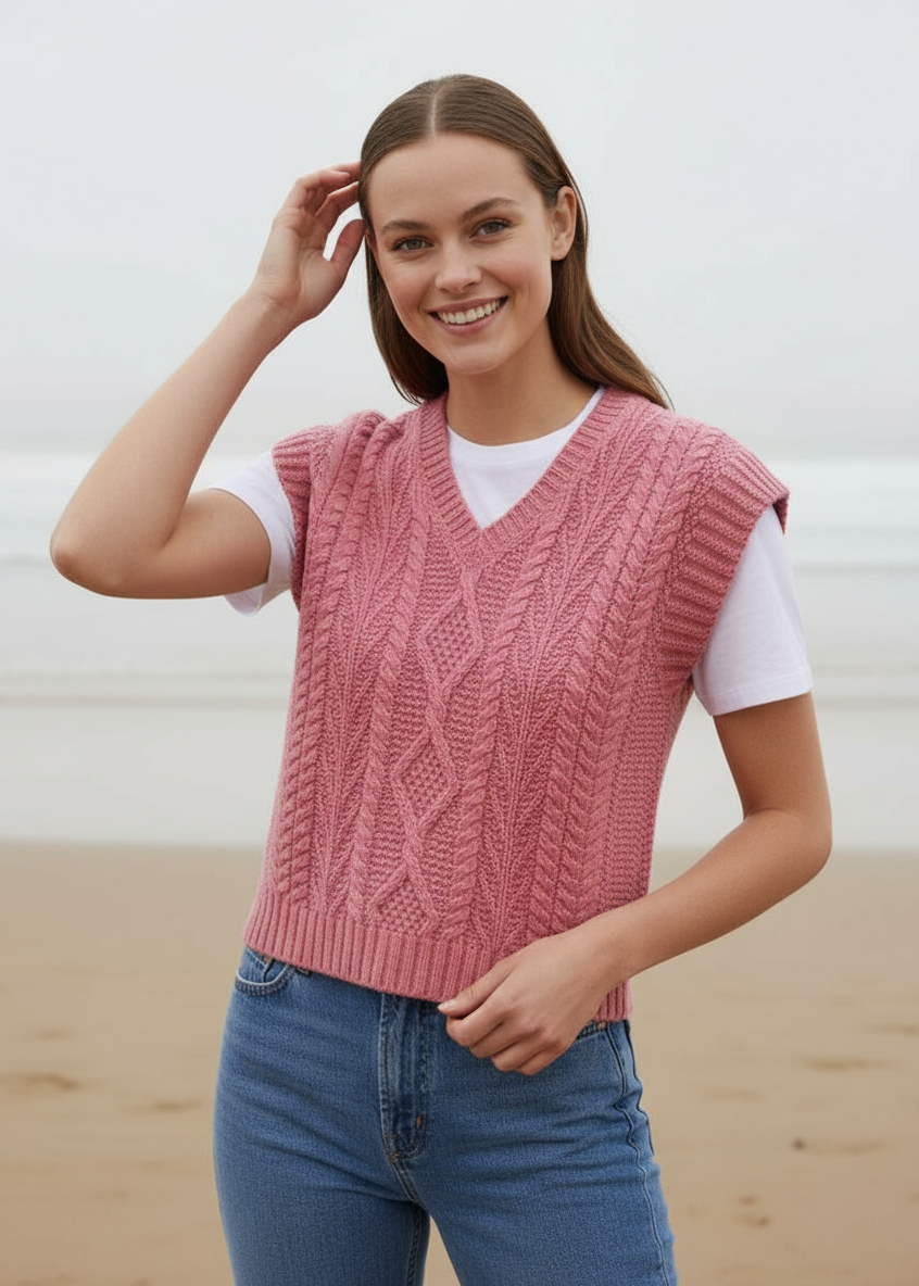 IrelandsEye Women's V Neck Aran Vest | Rosa Pink