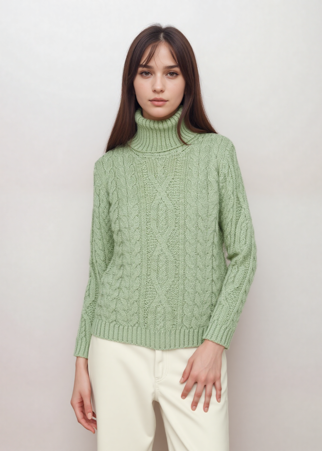 IrelandsEye Polo Neck Aran Sweater | Sage Marl